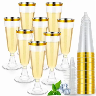 Sektgläser Plastik 50Stück mit Goldrand,150ml Mehrweg Sektgläser Kunststoff | Plastik Champagnergläser, transparente Kunststoff-Sektgläser mit schlichtem Design für Hochzeit, Party, Geburtstag & Events.