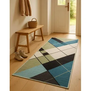 LIKE IT MORE Modern Teppich für Wohnzimmer, Schlafzimmer, Küche und Flur - Waschbarer Rutschfester Teppichläufer - Großer Teppich Läufer Beige Grau Blau Weiß 80x300 (Erde Hellblau)