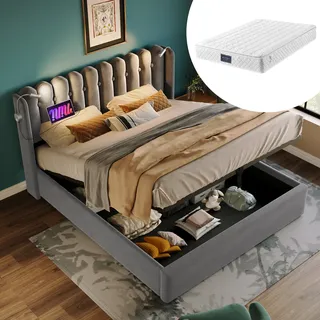 Sweiko Polsterbett Doppelbett Leselicht mit Ladefunktion Kopfteil Stauraum Bettgestell Samt Jugendbett 160x200 mit lattenrost,Grau(Mit Matratze) - Grau