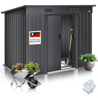 KESSER® - Gerätehaus L Metall 4 m3 mit Fundament | 194x112x181 cm | 2x Schiebetür & Fundament | Geräteschuppen | Gartenhaus Schrank | Pultdach Garten Schuppen | Inkl. Arbeitshandschuhe - Grau
