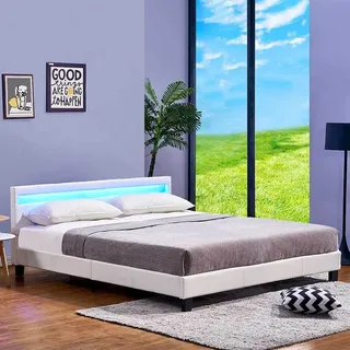 HOME DELUXE - LED Bett ASTRO - Weiß, 180 x 200 cm - inkl. Matratze und Lattenrost I Polsterbett Design Bett inkl. Beleuchtung - Weiß