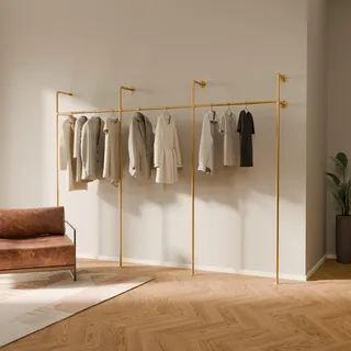 pamo Kleiderstange Wandmontage 300 kg Traglast – Offener Kleiderschrank | oder Kleiderständer industrial gold aus Metall Wasserrohren