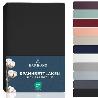 BARBONS Spannbettlaken 180x200cm - 100% Baumwolle Spannbetttuch Oeko-TEX Zertifiziert Bettlaken Jersey Bettwaren und Bettbezug für Boxspringbett und Dicke Matratzen bis 27 cm - Schwarz 180 x 200