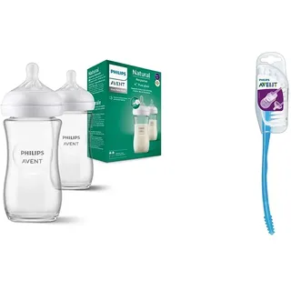Philips Avent Babyflaschen Natural Response aus Glas – 2x Babyflasche, 240 ml, BPA-frei, für Neugeborene ab 1 Monat (Modell SCY933/02) & Avent Flaschen- und Saugerbürste (Modell SCF145/06)