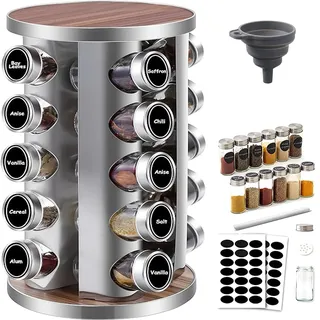 Gewürzregal mit 20 Glasdosen,Organizer Drehbar 360° für Küche Arbeitsplatte | Gewürzregal stehend 430 Edelstahl,Kräuter & Gewürze Gewürzständer für Küche Arbeitsplatte oder Schrank Aufbewahrung