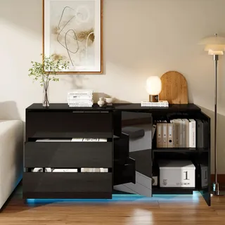 Sideboard Anrichte - A2 Buffetschrank - Hochglanz, Modern Minimalistisch, Holz, Für Wohnzimmer & Esszimmer - Schwarz