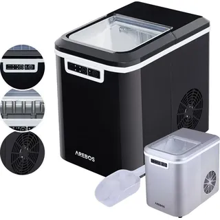 Arebos Eiswürfelmaschine Ice Cube Maker, 12 kg / 24 h, 10-15 Minuten Produktionszeit 2 Eiswürfel-Größen, 2,2 Liter Wassertank, Eiswürfelbereiter Leise Selbstreinigungsfunktion, Schwarz