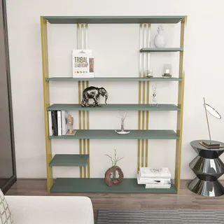 Hanah Home Elegant Green & Gold Bookshelf, 120 cm x 160 cm x 29.6 cm | 100% Melamine Coated Particle Board, 18 mm Thick | Stylish Storage for Modern Homes