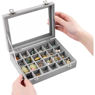 Schmuckkästchen 24 Fächer Damen Schmuckkasten Schmuck Box Ohrringe Verstellbar Aufbewahrungsbox für Ringe, Ketten, Armband, Ohrringe, Uhren