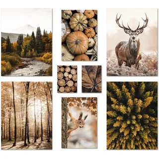 ARTFAVES® Poster Set - AUTUMN FOREST - mehrteilige Wanddeko Wohnzimmer & Schlafzimmer - 8 moderne Wandbilder Herbst, Wald, orange, braun - ohne Bilderrahmen