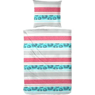 Hahn Baumwoll Baumwoll-Seersucker Gestreift Grün Rosa Türkis, 135 x 200 cm + 80 x 80 cm Grau - Grau
