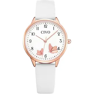 CIVO Damenuhr-Lederarmband Weiß Armbanduhr-Damen Analog-Quarz Elegant - Uhren Damen mit Zahlen Kleid Wasserdicht Mode Geschenke für Frauen