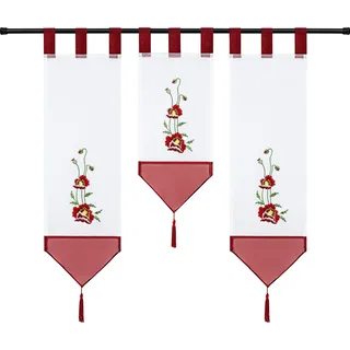 Joyswahl Voile Scheibengardine Miniflächenvorhänge mit Schlaufen Küchengardine mit Folral Stickerei Muster 3er Set Kurzstore Bistrogardine Rot (20 cm breit, 1 x 50 cm Länge und 2 x 70 cm Länge)