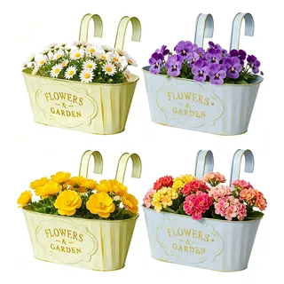 RANJIMA 4er Set Metall Blumentöpfe Hängend, Groß Hängeblumentopf Hängende Blumentöpfe Blumentöpfe zum Aufhängen Outdoor für Balkon Zaun Geländer Terrasse Wetterfest (Beige + Blau)