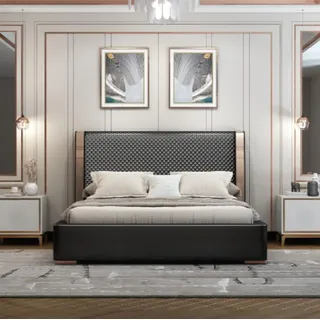 Schlafzimmer Betten Graues Lederbett Moderne Möbel Holzgestell Betten - Schwarz