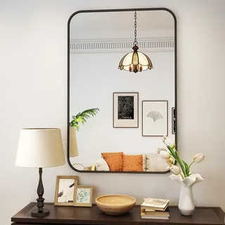 Koonmi Wandspiegel schwarz, 61x91 cm Badezimmerspiegel mit runder Ecke, Morden Spiegel Wand mit Rahmen aus Aluminiumlegierung für Wand montiert horizontal oder vertikal, Schwarz