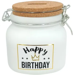 itenga Sparglas mit Kork Deckel - Wunscherfüller Spardose Sparbüchse als Geschenk - 13 x 13 x14 cm - mit Motivdruck (Happy Birthday)
