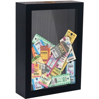 FramePro Bilderrahmen für Ticket Shadow Box 3D Rahmen zum Befüllen Tiefer Aufbewahrungsboxen Glasscheibe Holz Objektrahmen DIY Vitrine Muscheln Flugtickets Fotorahmen Memorabilia Schwarz 13 x 18 cm