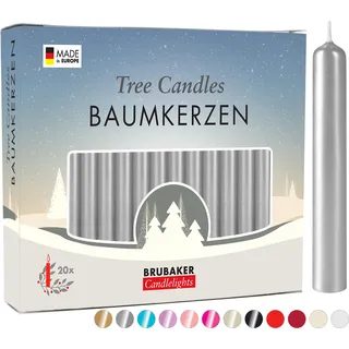 BRUBAKER Baumkerzen Wachs - Weihnachtskerzen für Weihnachtspyramiden und Schwibbögen - Pyramidenkerzen Christbaumkerzen, 100 Stück, Silber - Silber