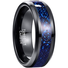 NUNCAD Herren Ring Wolfram Schwarzer keltischer Ring mit Blue Kohlefasern Freundschaftsringee Verlobungs Ringe 8mm Poliert Größe 61(19.4)