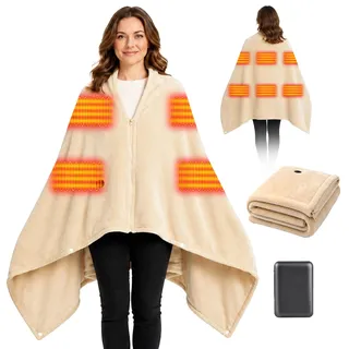 Moteoza Heizdecke Kabellos mit 10000mAh Akku, 160x90cm Elektrische Wärmedecke Flanell mit 6 Wärmezonen, 3 Heizstufen, Waschbar, Tragbar für Damen Herren Zuhause Büro Camping, Khaki
