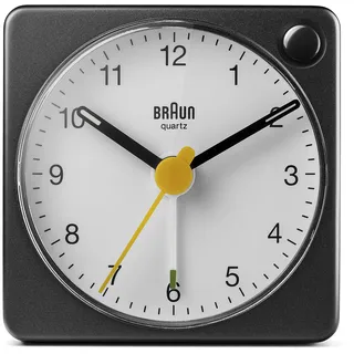 Klassischer analoger Reisewecker von Braun mit Schlummerfunktion und Licht, kompakte Größe, ruhiges Quarzuhrwerk, Crescendo-Alarm, schwarz-weißes Modell BC02XBW