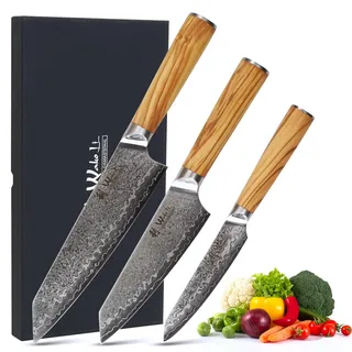 Wakoli Oribu 3er Kiritsuke Messer-Set mit 20 cm, 15 cm und 11 cm Klinge aus 67 Lagen Damaststahl mit VG-10 Kern, Olivenholzgriffen und Geschenkbox – für Fleisch, Fisch und Gemüse