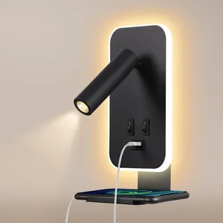 AWEKLIY 3W+9W LED leselampe wandlampe USB-Aufladung +Handyablage, Mit Schalter, Wandleselampe, Nachttischlampe, Schlafzimmeratmosphärenlampe, drehbare Wandlampe, für Schlafzimmerhotel, 3100K Schwarz