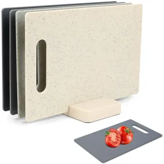 4 Stück Schneidebrett Set mit Ständer, Frühstücksbrettchen mit Ständer, Schneidebretter Kunststoff Schneidebretter Set Küchenbrett Frühstücksbrettchen Spülmaschinenfest, Cutting Board Set mit Sockel
