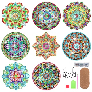 KEESIN Diamond Painting Untersetzer,8 Stück Diamond Art Untersetzer mit Halter klebendem Korkboden DIY Diamond Painting Coaster für Erwachsene Kinder Anfänger(Mandala C)