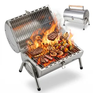 Relaxdays Tischgrill, 2 Grillflächen je 34 x 21,5 cm, Outdoor Camping, Klappgrill & Smoker, Holzgriff, Edelstahl, silber - Silber
