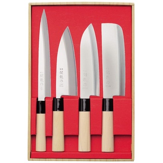 Japanisches 4er Messerset SekiRyu Sashimi, Deba, Santoku & Nakiri - SR1000. Klinge aus Rostfreiem Stahl