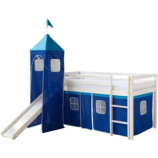 Homestyle4u Hochbett Spielbett 90 x 200 cm Kiefer massiv blau-weiß
