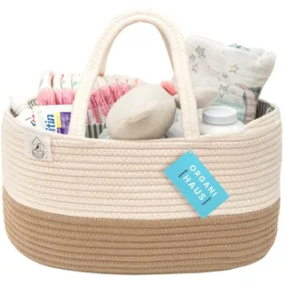 OrganiHaus Aufbewahrungskorb Kinderzimmer, Spielzeug aus Baumwollseil & Windelhalter mit Griffen, Windelhalter für Babys, maschinenwaschbar, ideal für Kinderzimmer und Waschküche – Honig/Off-Weiß