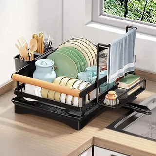 Wotendy Abtropfgestell Geschirr mit Abtropfschale, Abtropfgestell mit Utensilienhalter, Geschirrabtropfgestell für Küche, Geschirrablage für Spüle