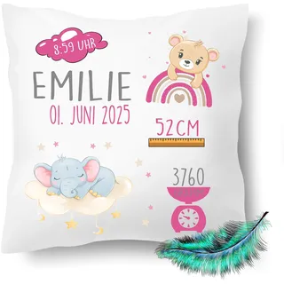 Print Deluxe Personalisierbares Kissen zur Geburt, mit Namen und Geburtsdaten für Jungen und Mädchen 40x40cm | Babykissen| bedrucktes Kissen| Geschenke zur Geburt, Taufe,Elefant, Teddy,Rosa