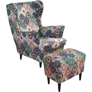 ZGantrix Ohrensessel überzug mit Hocker Bezug, 2 Teilig Sessel-Überwürfe+1 Teilig Ottomane Schonbezug, Beige/Grün/Rosa/Blau Ohrensessel Schonbezüge Sesselhusse Stretch Tiger Stuhlbezug mit Armlehne