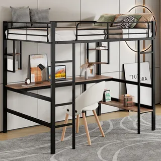 Flieks Etagenbett 90x200cm mit Schreibtisch und Regal, Hochbett mit Leiter und Rausfallschutz, Kinderbett Jugendbett Metallbett mit Lattenrost Schwarz - Schwarz