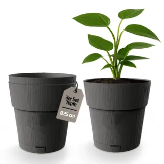 Kigima Blumentopf Pflanzentopf Blumenkübel 3er-Pack Selbstbewässerung Wasserspeicher 100% recycelter Kunststoff rund 25 cm anthrazit