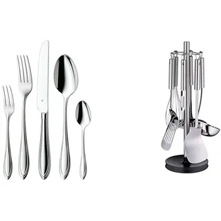 WMF Verona Besteckset, 12 Personen, 60-teilig, Monobloc-Messer & Profi Plus Küchenhelfer Set 7-teilig, Ständer mit 6 Helfern, Schöpflöffel