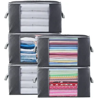 Withosent 5 Stück 90L Große Aufbewahrungstasche Schrank Organizer Set, Faltbar Kleideraufbewahrung mit Verstärkt Griff, Stabilem Reißverschluss für Kleidung, Bettwäsche, Bettdecken, Steppdecke