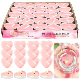 RUNEAY Teelichter Herz Kerzen Rosa 50 Stück, Romantische Deko für Hochzeit, Verlobung, Heiratsantrag, Marry Me