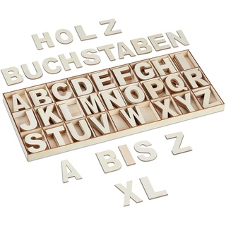 Relaxdays Holzbuchstaben Set, 208-tlg, Großbuchstaben A-Z, Deko-Buchstaben zum Basteln & Bemalen, mit Box, Natur