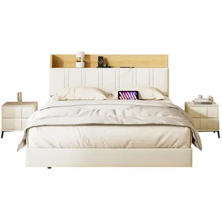 Shopentra Polsterbett 140x200 cm Weiß PU LED USB Schwebebett , Metall , 140x200 cm , Schlafzimmer, Betten, Polsterbetten
