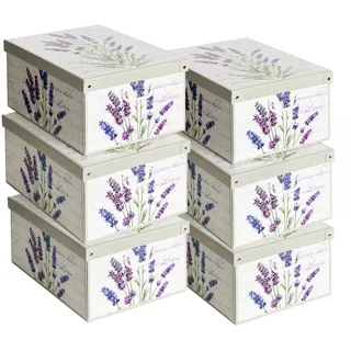 Set aus 6 Aufbewahrungsboxen mit Deckel – Große Kleiderboxen aus Karton 39x50x24 cm – Robust, leicht zu montieren, mit Tragegriffen – Perfekt für Kleiderschrank & Saisonwechsel Lavendel
