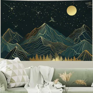 Atrippy Wandteppich für Schlafzimmer und Wohnzimmer - Grüner Wald, Mond, Bäume, Sternennacht, Goldene Natursterne, Landschaft - Ästhetisches Poster für Raumdekoration, Wohnheim