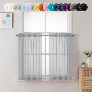Chyhomenyc Durchsichtige hellgraue Stufen-Vorhänge, 61 cm Länge, kleine Fenstervorhänge, Behandlung für Badezimmer, Wohnzimmer, Keller, Kurze Stangentasche, Café-Vorhänge, 106 x 61 cm, 2 Paneele