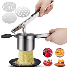 Kartoffelpresse Edelstahl,Gemüse Kartoffelpüree Kartoffelstampfer mit 3 Austauschbare Spätzlesieb,Rutschfestem Silikongriff Spätzlepresse Spülmaschinenfest
