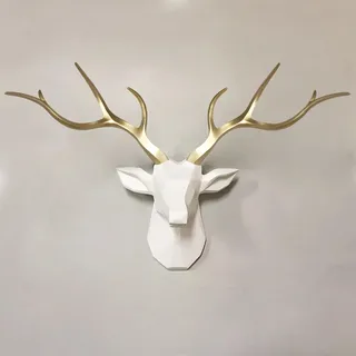 NEONMAN Geometrische Hirschkopf Wandskulptur Hirsch Hirschhorn Statue Hirschkopf-Wanddekoration 3d Hirschgeweih Deko Wanddeko Wandskulptur Kunstharz Tierkopf Wanddeko Hirsch Wanddeko Wand-Tierkopf(Gol