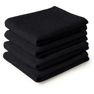 Encasa XO Küchenhandtücher und Waschlappen aus Baumwolle | Schwarz | Waffel und Flachgewebe-Geschirrtuch | Geschirrtuch-Set | 70x45 cm, Wiederverwendbar und schnell trocknend 4er-Set